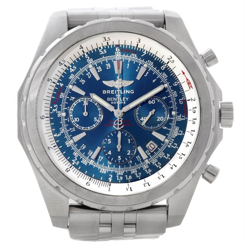 The image shows a frontal view of a Breitling Bentley A25363 Men's Stainless Steel Blue Dial A25363 Men's Stainless Steel Blue Dial watch, highlighting its face, dials, and strap.