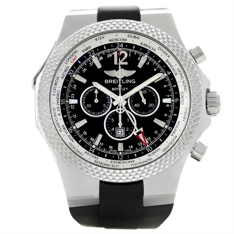 The image shows a front view of the Breitling Bentley A47362 Men's Stainless Steel Black Dial A47362 Men's Stainless Steel Black Dial watch displaying its dial, bezel, and chronograph sub-dials.