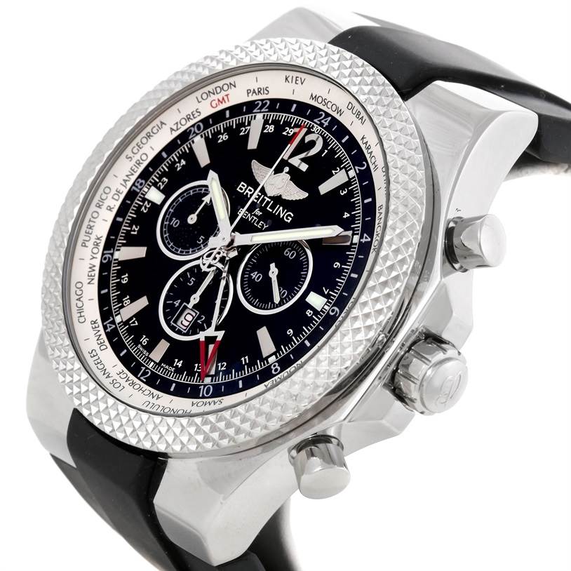 The image shows a side angle of the Breitling Bentley A47362 Men's Stainless Steel Black Dial A47362 Men's Stainless Steel Black Dial watch, highlighting its bezel, dial, pushers, and crown.