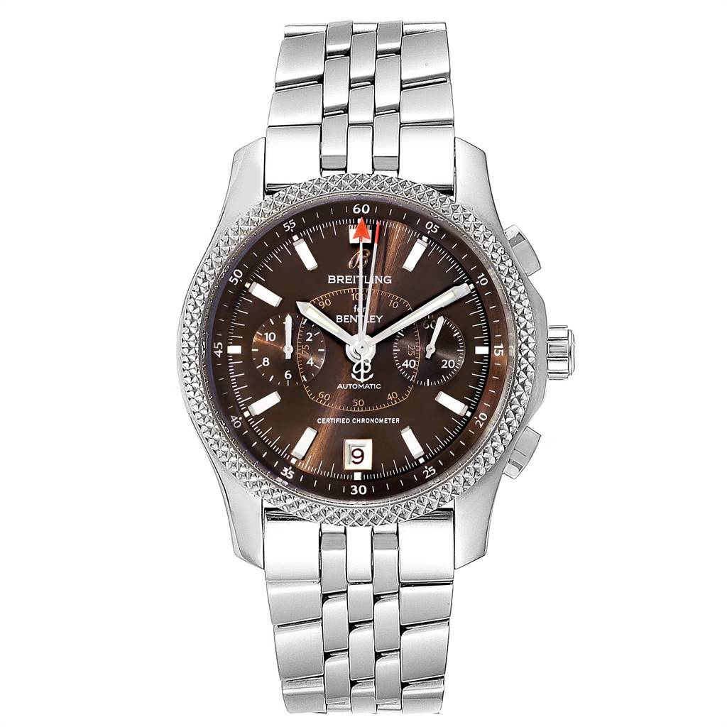 The image shows a front view of the Breitling Bentley P26362 Men's Stainless Steel Brown Dial P26362 Men's Stainless Steel Brown Dial model watch, displaying its dial, bezel, and metal bracelet.