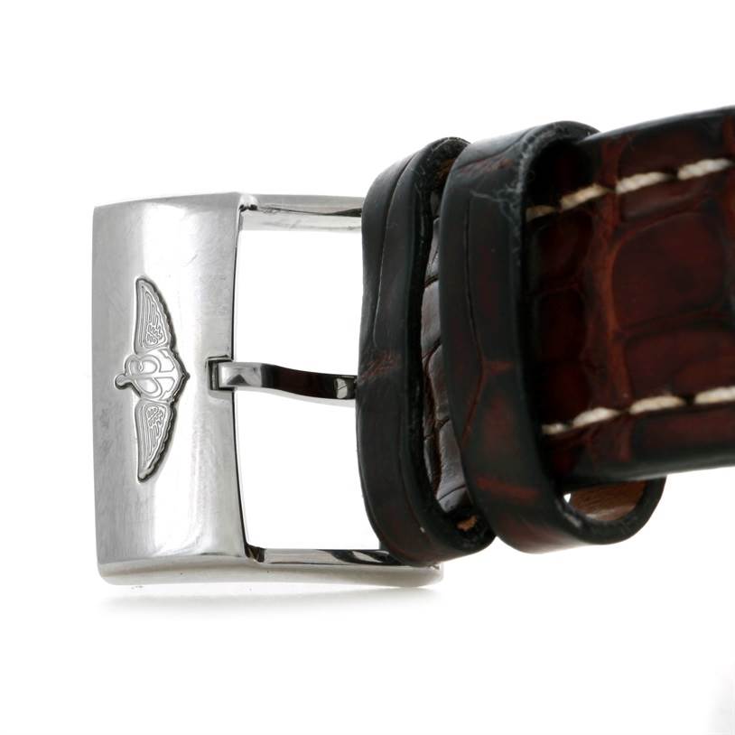 The image shows the clasp and part of the leather strap of a Breitling Bentley P19362 Men's Stainless Steel Mother of Pearl Dial P19362 Men's Stainless Steel Mother of Pearl Dial watch, viewed from the side.