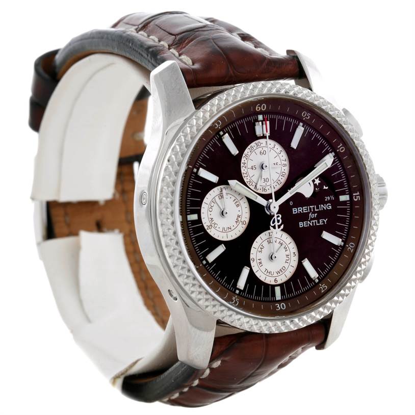 The image shows a Breitling for Bentley watch at an angled front view, highlighting its dial, case, and leather strap.