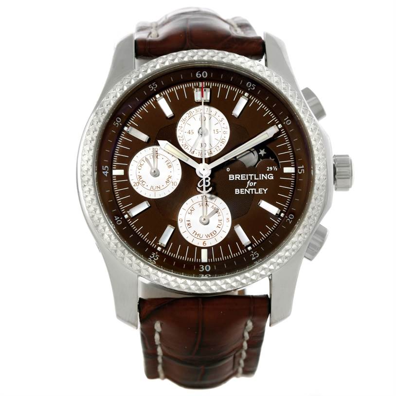 The image shows a frontal view of a Breitling for Bentley watch, highlighting its brown dial, subdials, and brown leather strap.