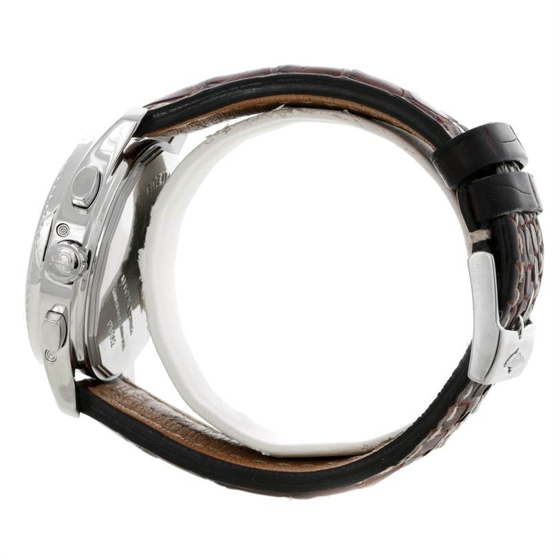 The image shows a side view of the Bentley model by Breitling, highlighting the case, crown, pushers, and leather strap with a buckle.