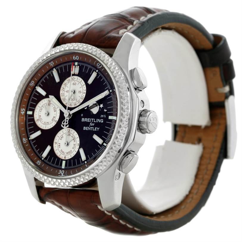 The image shows a Breitling Bentley P19362 Men's Stainless Steel Mother of Pearl Dial P19362 Men's Stainless Steel Mother of Pearl Dial watch angled to display the face, bezel, chronograph buttons, and brown leather strap.