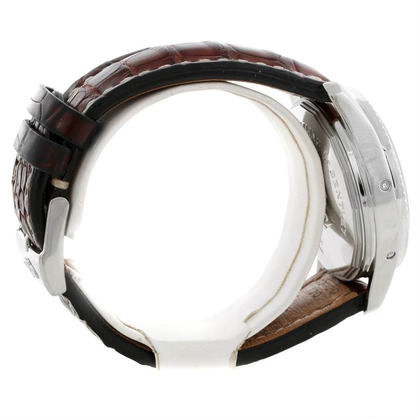 The image shows a side view of the Breitling Bentley P19362 Men's Stainless Steel Mother of Pearl Dial P19362 Men's Stainless Steel Mother of Pearl Dial watch, highlighting its case, crown, and leather strap.