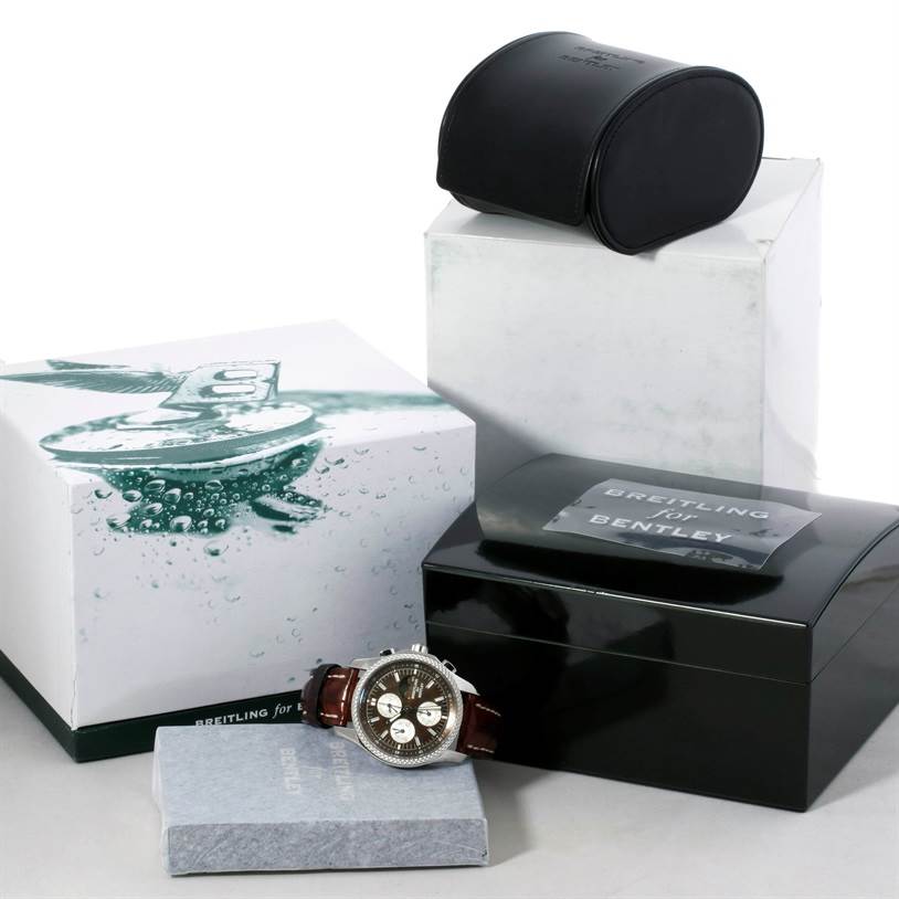 The image shows a Breitling Bentley P19362 Men's Stainless Steel Mother of Pearl Dial P19362 Men's Stainless Steel Mother of Pearl Dial watch and its black case from a front angle, along with packaging boxes.