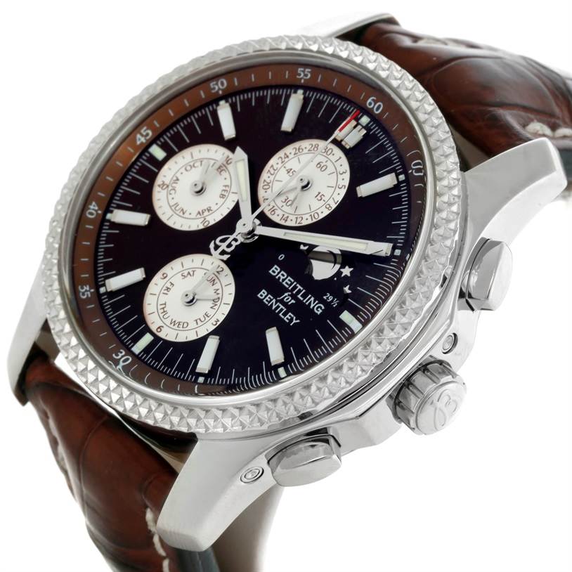 This is a close-up side angle of a Breitling Bentley P19362 Men's Stainless Steel Mother of Pearl Dial P19362 Men's Stainless Steel Mother of Pearl Dial watch showing the face, bezel, chronograph buttons, and leather strap.