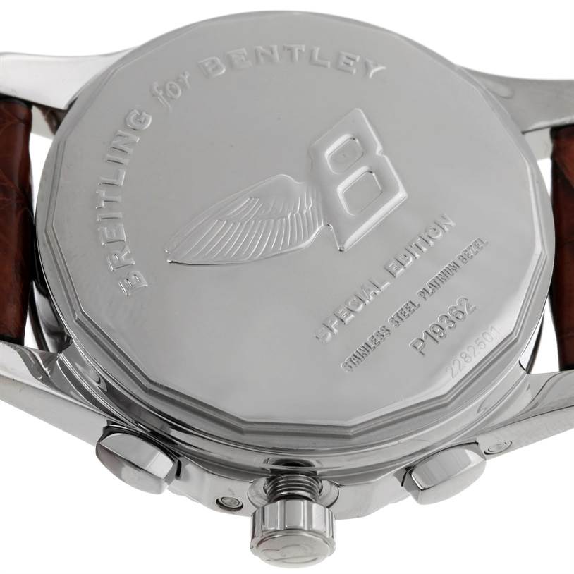 The image shows the back case and parts of the straps of a Breitling Bentley P19362 Men's Stainless Steel Mother of Pearl Dial P19362 Men's Stainless Steel Mother of Pearl Dial watch.