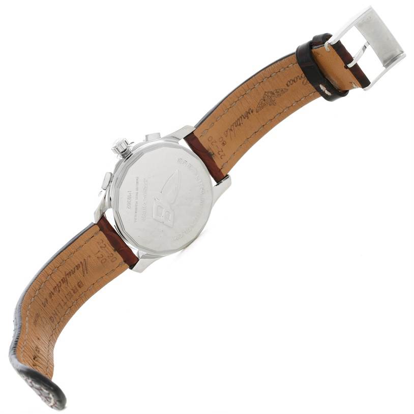 The image shows the back view of a Breitling Bentley P19362 Men's Stainless Steel Mother of Pearl Dial P19362 Men's Stainless Steel Mother of Pearl Dial model watch, highlighting the case back, strap, and buckle.