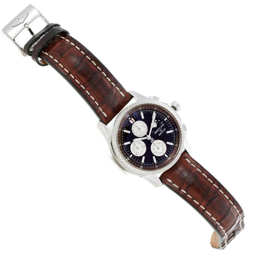 The Breitling Bentley P19362 Men's Stainless Steel Mother of Pearl Dial P19362 Men's Stainless Steel Mother of Pearl Dial watch is shown at an angled top view, highlighting its dial, chronograph sub-dials, and brown leather strap.