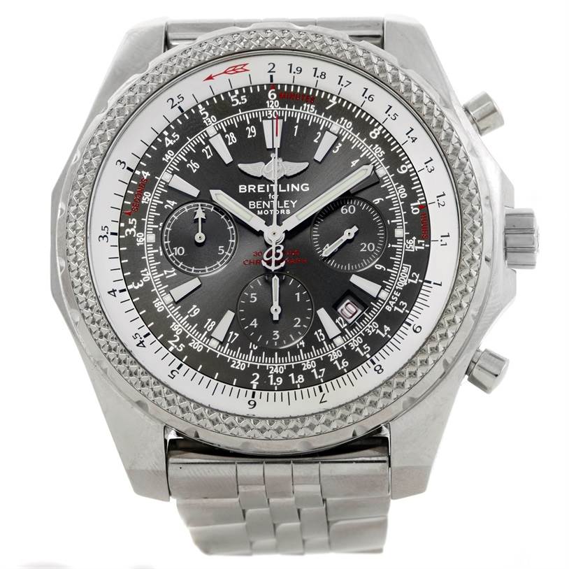The Bentley model by Breitling is shown from a front angle, displaying the entire watch face and part of the metal strap.
