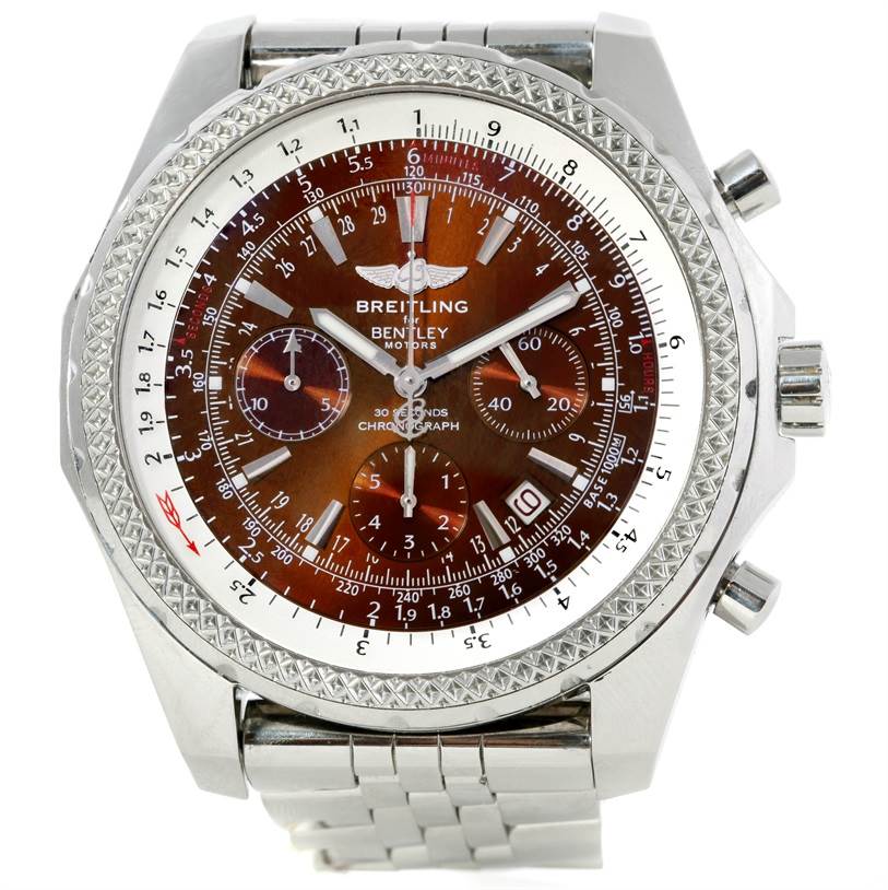The image shows the Breitling Bentley A25362 Men's Stainless Steel Brown Dial A25362 Men's Stainless Steel Brown Dial watch from a front angle, showcasing its dial, bezel, and part of the bracelet.
