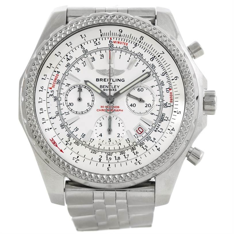 The image shows a frontal view of the Breitling Bentley A25362 Men
s Stainless Steel White Dial A25362 Men
s Stainless Steel White Dial watch, displaying the dial, markers, subdials, bezel, and part of the bracelet.
