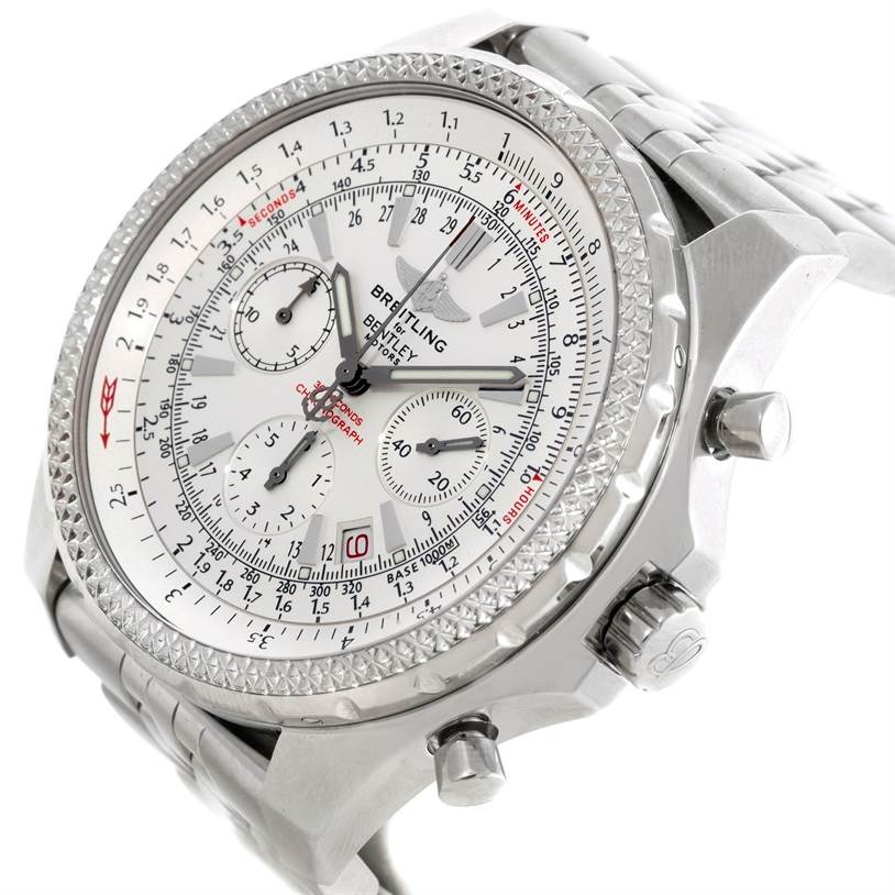 The image shows a close-up, angled view of a Breitling Bentley A25362 Men
s Stainless Steel White Dial A25362 Men
s Stainless Steel White Dial watch, highlighting its face, bezel, and crown.