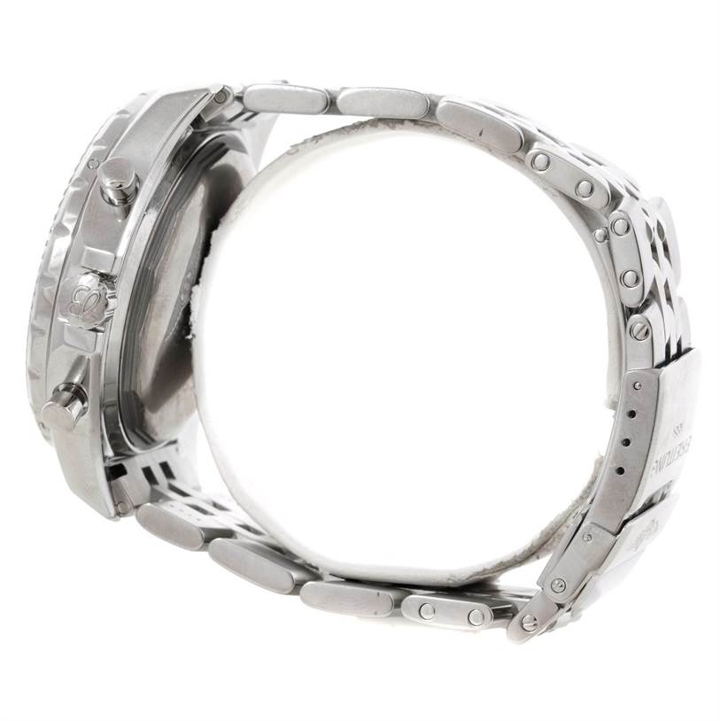 This image shows a side view of the Bentley model watch by Breitling, highlighting its metal case, crown, and bracelet.