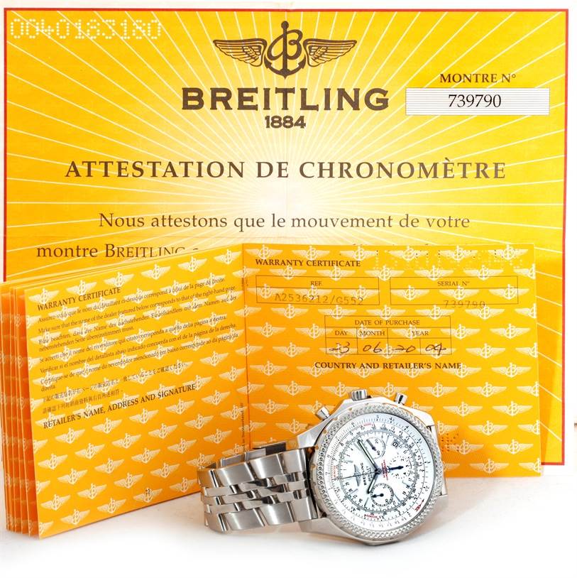 The image shows a Breitling Bentley A25362 Men
s Stainless Steel White Dial A25362 Men
s Stainless Steel White Dial watch displayed with its warranty certificate and chronometer attestation.