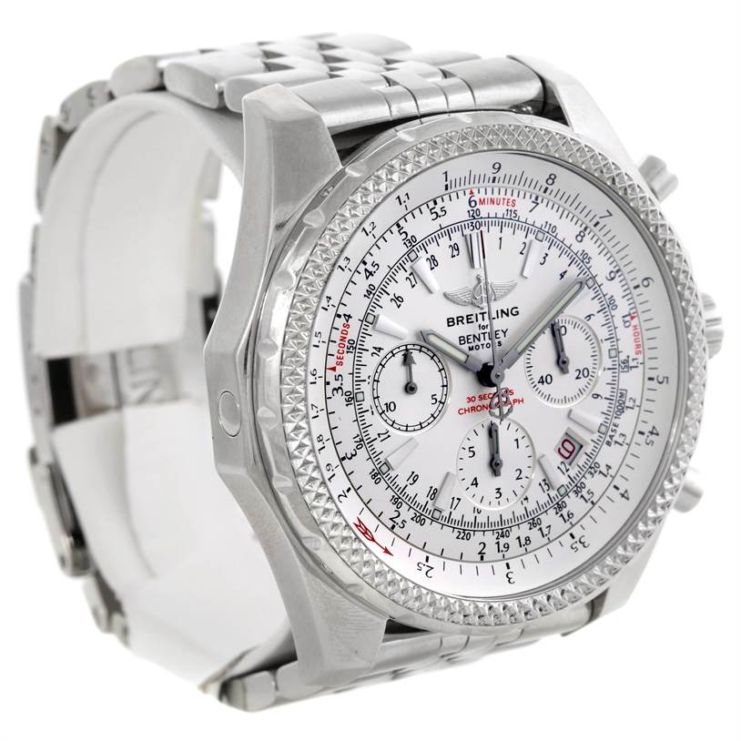 The Breitling Bentley A25362 Men
s Stainless Steel White Dial A25362 Men
s Stainless Steel White Dial watch is shown from an angled view, displaying the face, bezel, and part of the bracelet.