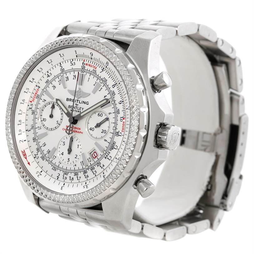 This Breitling Bentley A25362 Men
s Stainless Steel White Dial A25362 Men
s Stainless Steel White Dial watch is shown from a three-quarter angle highlighting its face, bezel, crown, and bracelet.