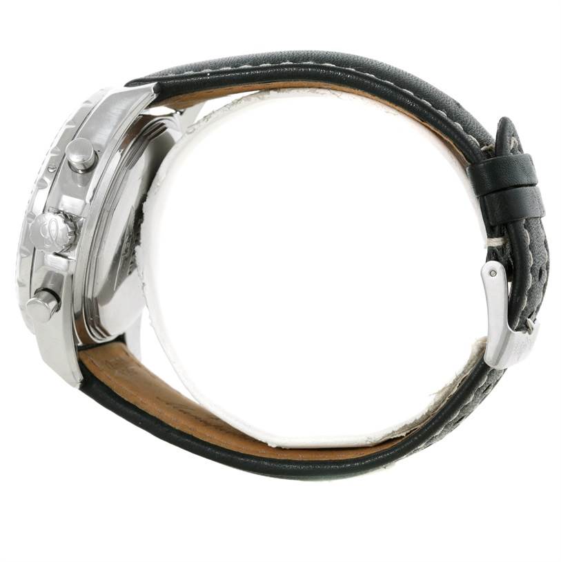 The image shows a side view of a Breitling Bentley A13362 Men's Stainless Steel Black Dial A13362 Men's Stainless Steel Black Dial model watch, focusing on the case, crown, pushers, and leather strap.