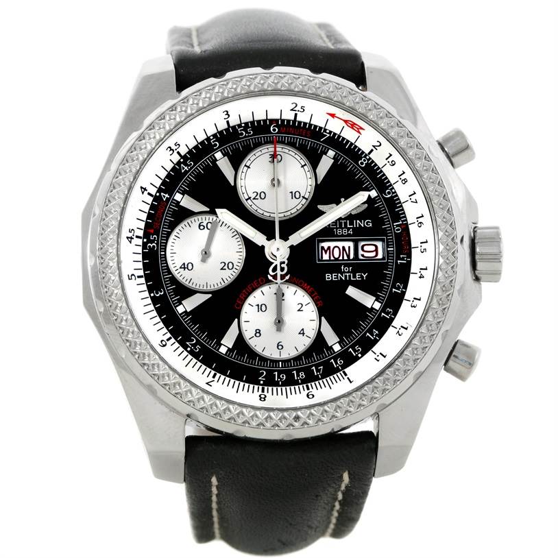 The image shows a front view of the Breitling Bentley A13362 Men's Stainless Steel Black Dial A13362 Men's Stainless Steel Black Dial watch, displaying its face, bezel, and leather strap.