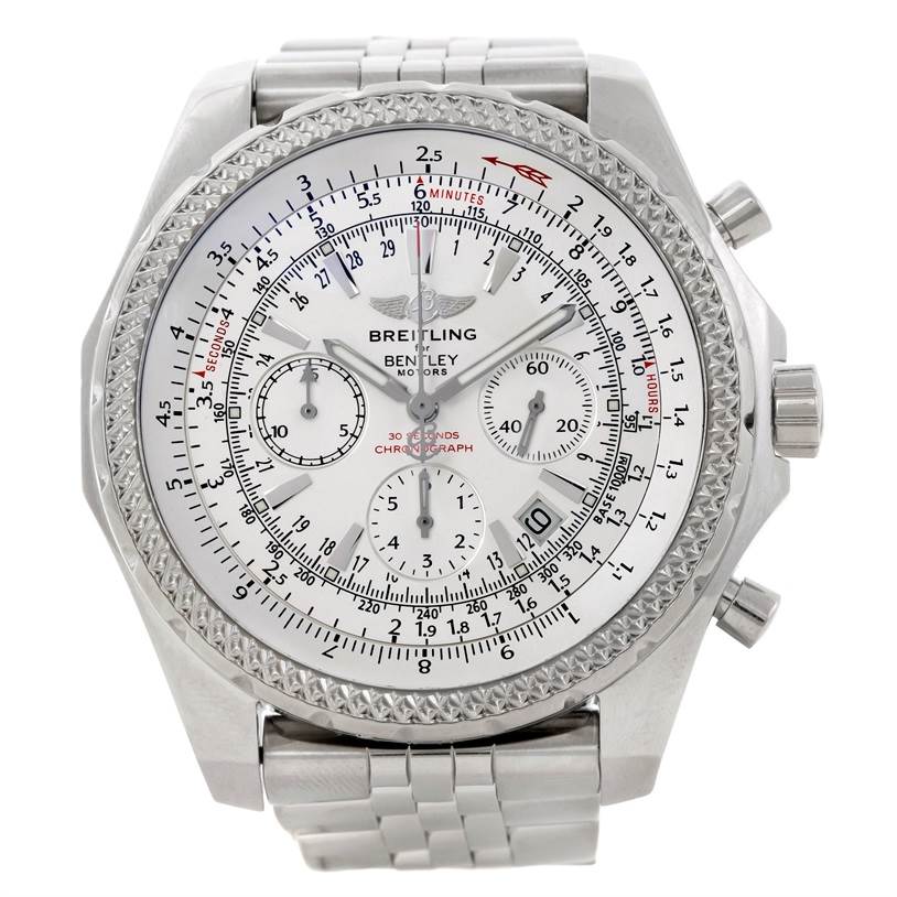The image shows the front view of a Breitling Bentley A25362 Men's Stainless Steel White Dial A25362 Men's Stainless Steel White Dial chronograph watch, highlighting its dials, bezel, and steel bracelet.