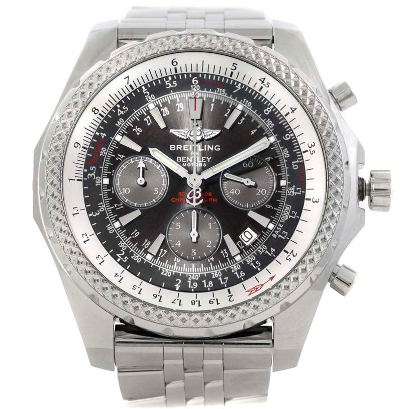This image shows a frontal view of the Breitling Bentley A25362 Men's Stainless Steel Grey Dial A25362 Men's Stainless Steel Grey Dial watch, highlighting the dial, bezel, and bracelet.