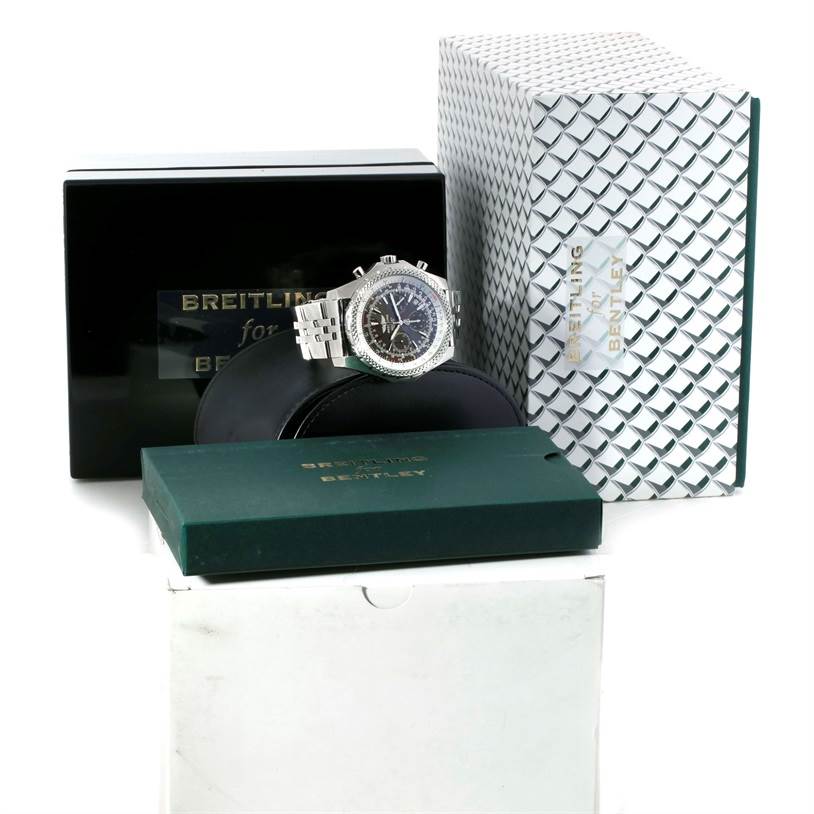 The image shows a Breitling Bentley A25362 Men's Stainless Steel Grey Dial A25362 Men's Stainless Steel Grey Dial model watch at a front angle with its packaging boxes displayed around it.