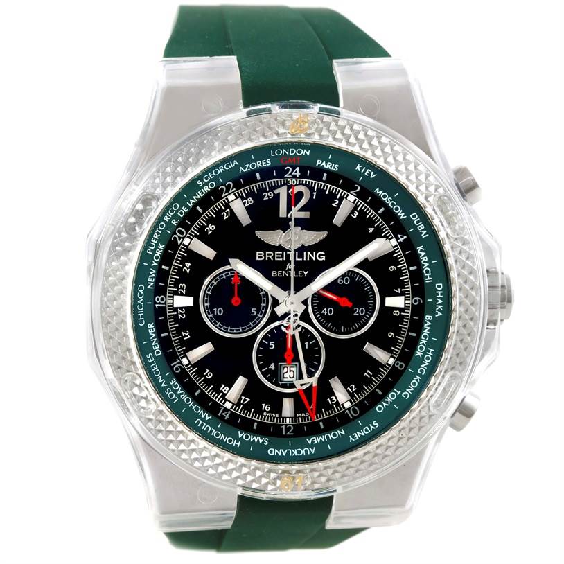 The image shows a front view of a Breitling Bentley A4736254/B919 Men's Stainless Steel Black Dial A4736254/B919 Men's Stainless Steel Black Dial watch with a green strap and multiple dial features.