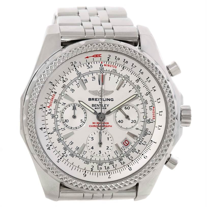 The image shows a front view of the Bentley model by Breitling, highlighting its detailed dial and metal bracelet.