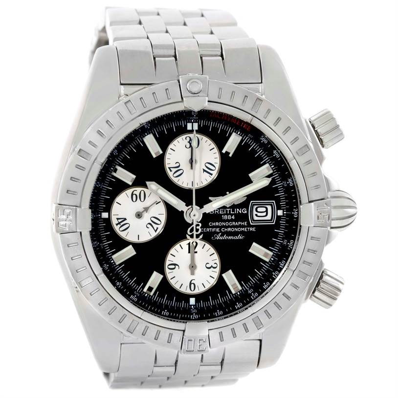 The Breitling Chronomat A13356 Men's Stainless Steel Black Dial A13356 Men's Stainless Steel Black Dial watch is shown from a front angle, displaying the dial, bezel, crown, and bracelet.