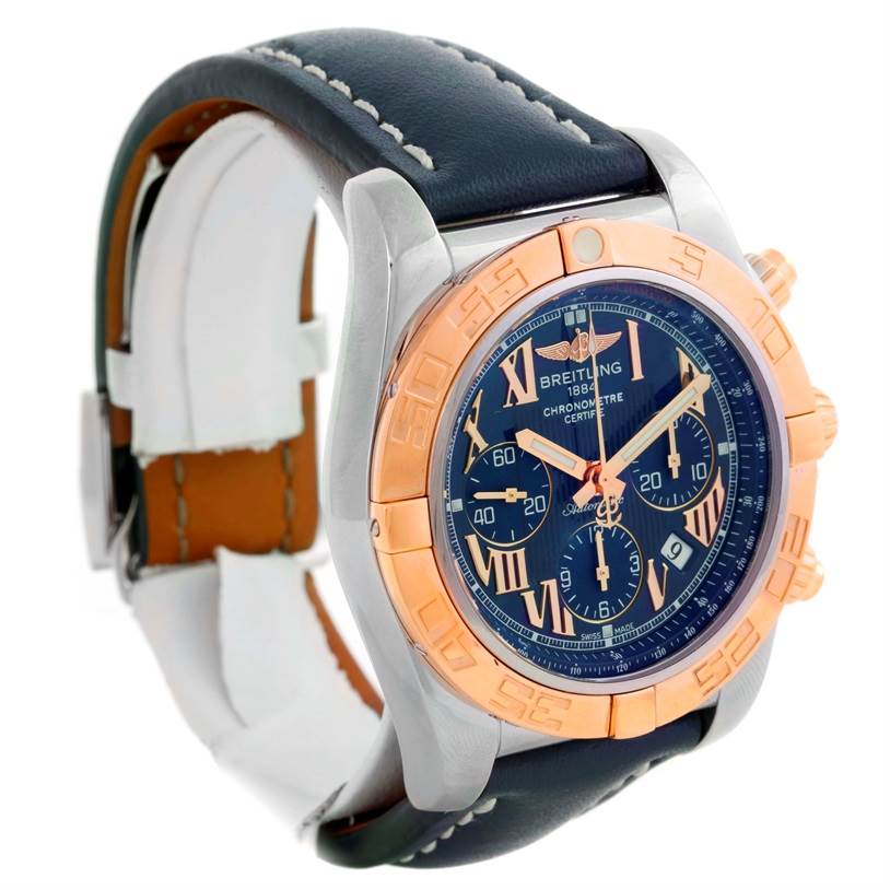 The Breitling Chronomat CB0110 Men's Steel and Gold (two tone) Blue Dial CB0110 Men's Steel and Gold (two tone) Blue Dial watch is shown at a three-quarter angle, highlighting the face, bezel, case, and strap.