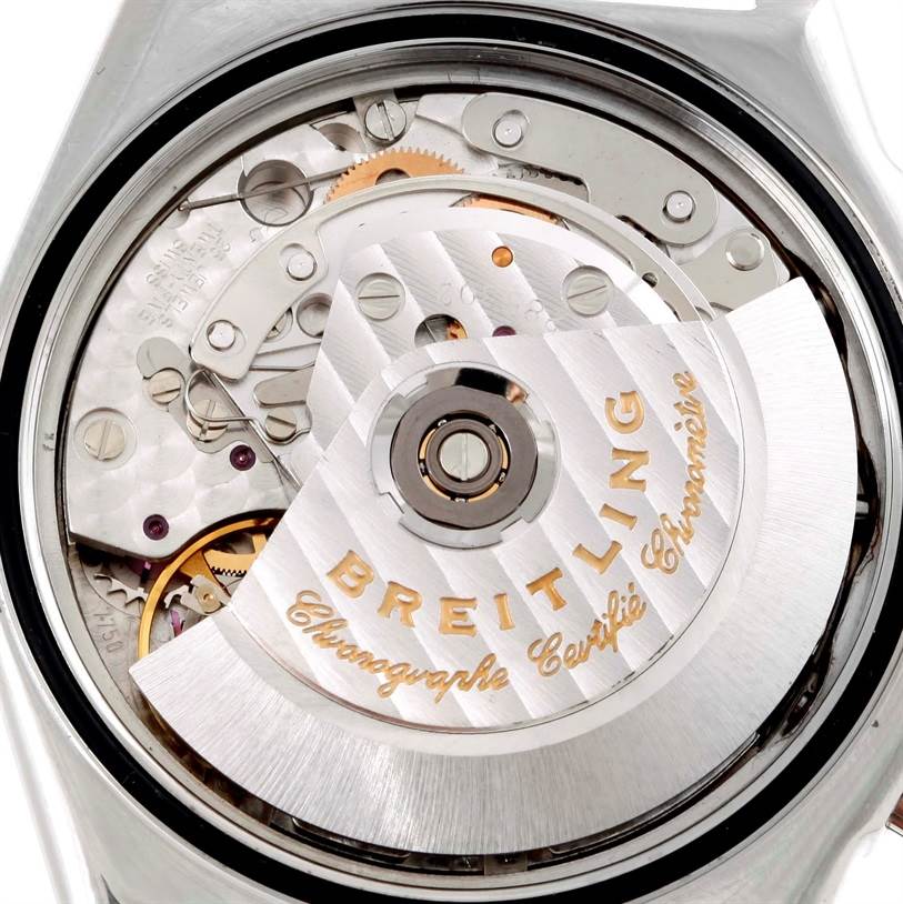 The image shows the movement and rotor of the Breitling Chronomat A13352 Men's Stainless Steel Black Dial A13352 Men's Stainless Steel Black Dial watch from a back angle.