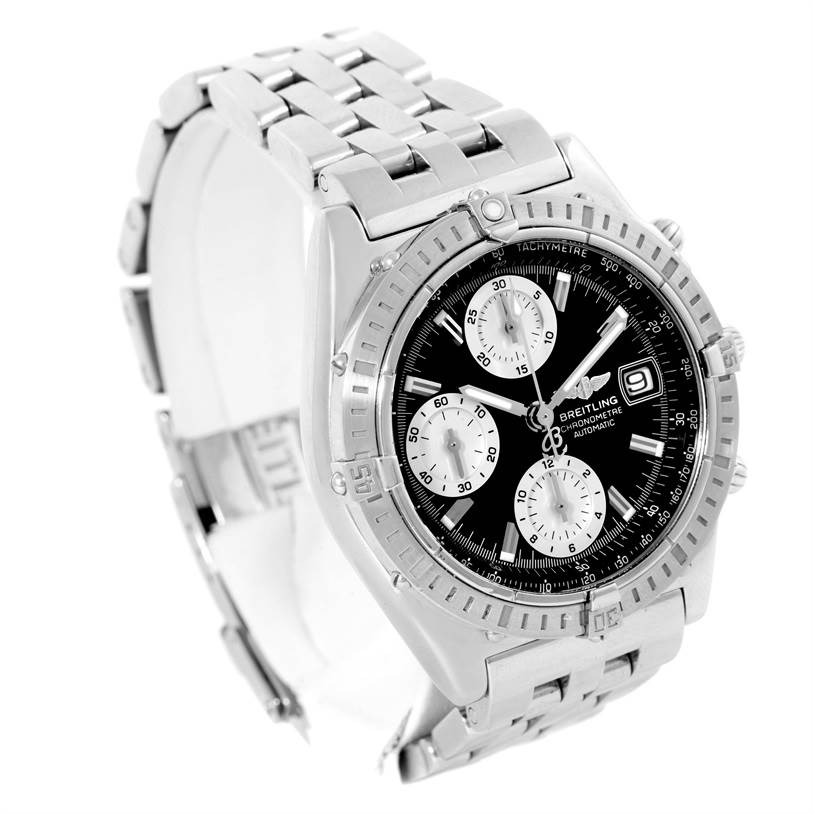 This image shows a Breitling Chronomat A13352 Men's Stainless Steel Black Dial A13352 Men's Stainless Steel Black Dial watch from a three-quarter angle, displaying its face, bezel, and metal bracelet.
