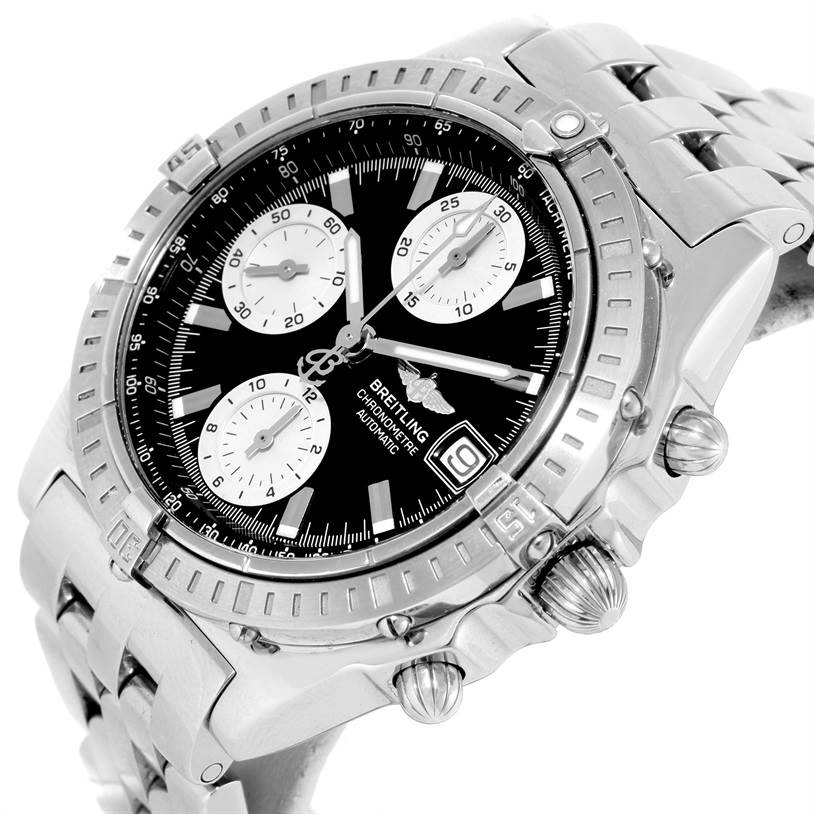 This Breitling Chronomat A13352 Men's Stainless Steel Black Dial A13352 Men's Stainless Steel Black Dial watch is shown at an angle displaying its face, bezel, chronograph dials, and part of the bracelet.