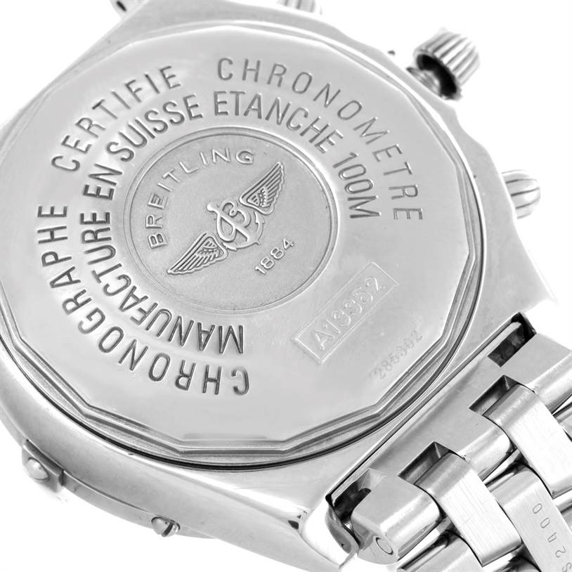 This image shows the case back and part of the bracelet of a Breitling Chronomat A13352 Men's Stainless Steel Black Dial A13352 Men's Stainless Steel Black Dial watch.