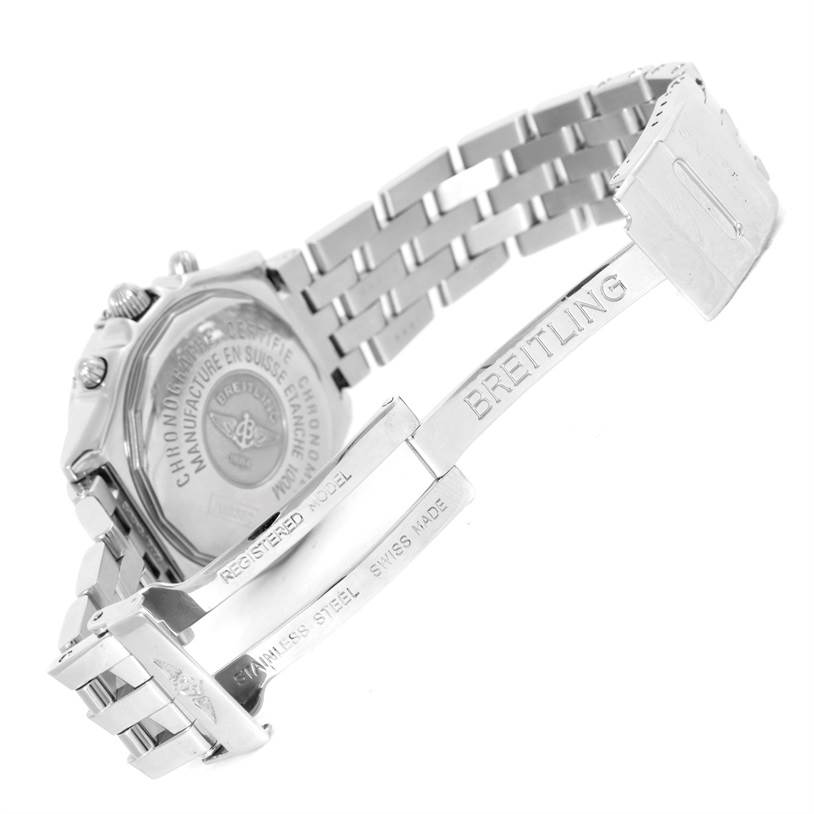 This image shows the back and clasp of a Breitling Chronomat A13352 Men's Stainless Steel Black Dial A13352 Men's Stainless Steel Black Dial watch, highlighting its stainless steel bracelet and branding.