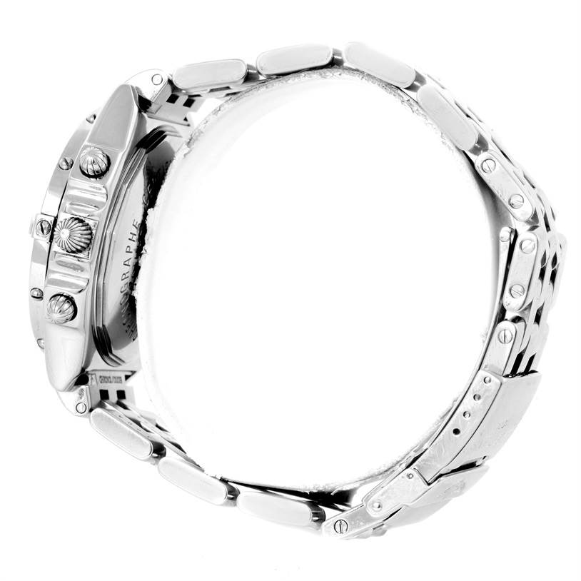 This image shows a side view of the Breitling Chronomat A13352 Men's Stainless Steel Black Dial A13352 Men's Stainless Steel Black Dial watch, focusing on the crown, pushers, and metal bracelet.