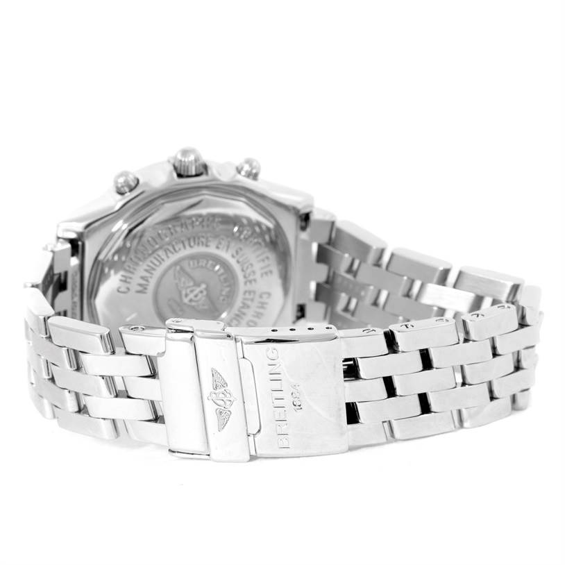 The image shows the back view of the Breitling Chronomat A13352 Men's Stainless Steel Black Dial A13352 Men's Stainless Steel Black Dial watch, focusing on the case back and metal bracelet.