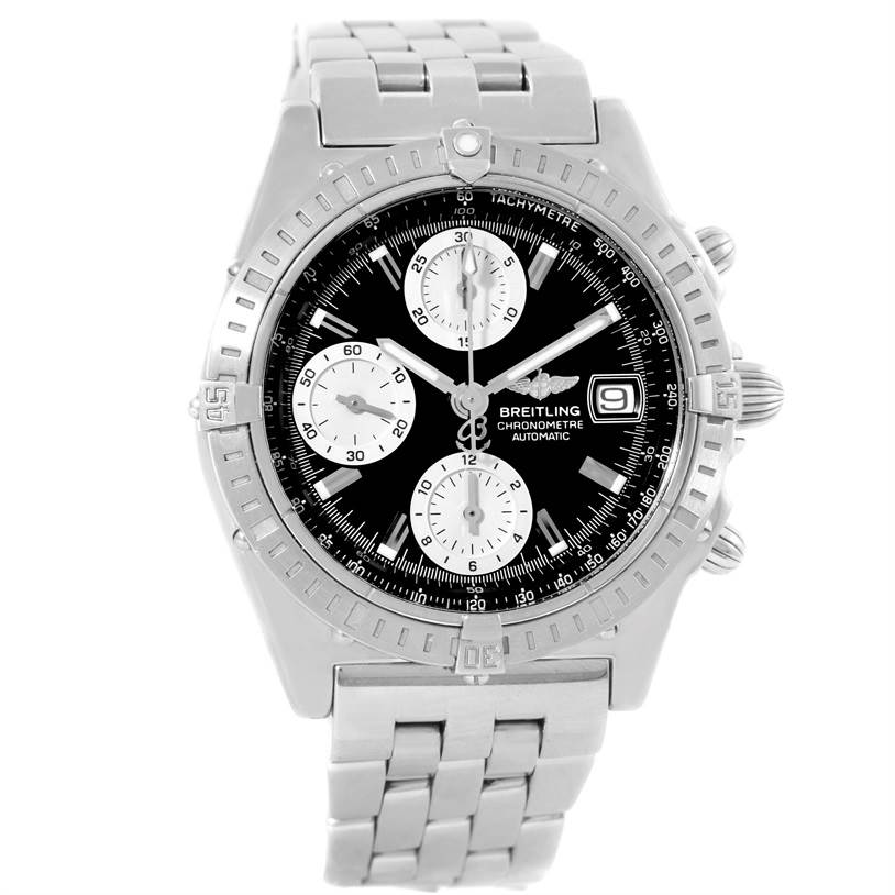 This image shows a front view of the Breitling Chronomat A13352 Men's Stainless Steel Black Dial A13352 Men's Stainless Steel Black Dial watch, including the stainless steel case, bezel, chronograph dials, and bracelet.