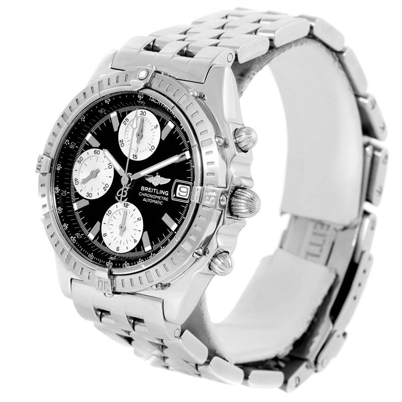 The Breitling Chronomat A13352 Men's Stainless Steel Black Dial A13352 Men's Stainless Steel Black Dial watch is shown from an angled front view, highlighting its dial, bezel, and bracelet.