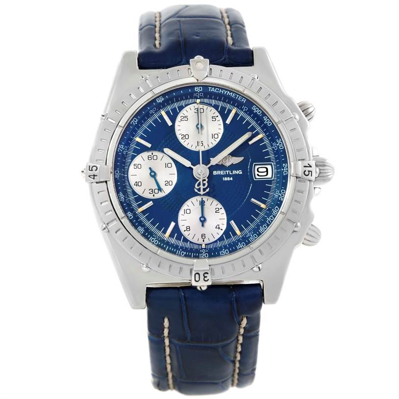 This is a front view of the Breitling Chronomat A13050 Men's Stainless Steel Blue Dial A13050 Men's Stainless Steel Blue Dial watch, showing the face, bezel, tachymeter, and leather strap.