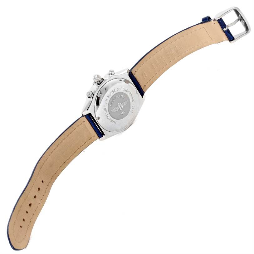 The image shows the back and straps of the Breitling Chronomat A13050 Men's Stainless Steel Blue Dial A13050 Men's Stainless Steel Blue Dial watch laid out flat.