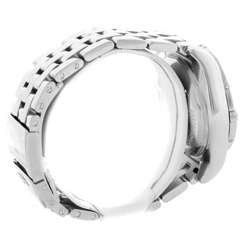 The image shows a side view of the Breitling Chronomat AB0410 Men
s Stainless Steel Blue Dial AB0410 Men
s Stainless Steel Blue Dial watch, highlighting the metal bracelet and part of the clasp.