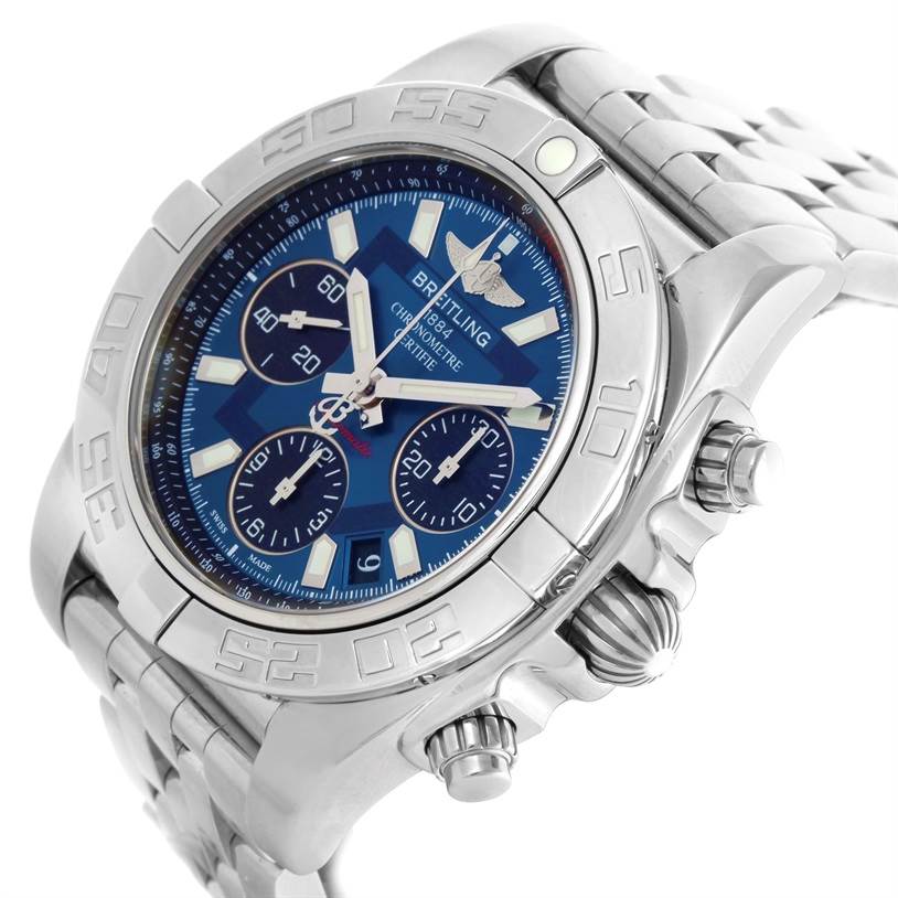 This Breitling Chronomat AB0410 Men
s Stainless Steel Blue Dial AB0410 Men
s Stainless Steel Blue Dial watch is shown from an angled side view, highlighting the bezel, dial, and chronograph pushers.