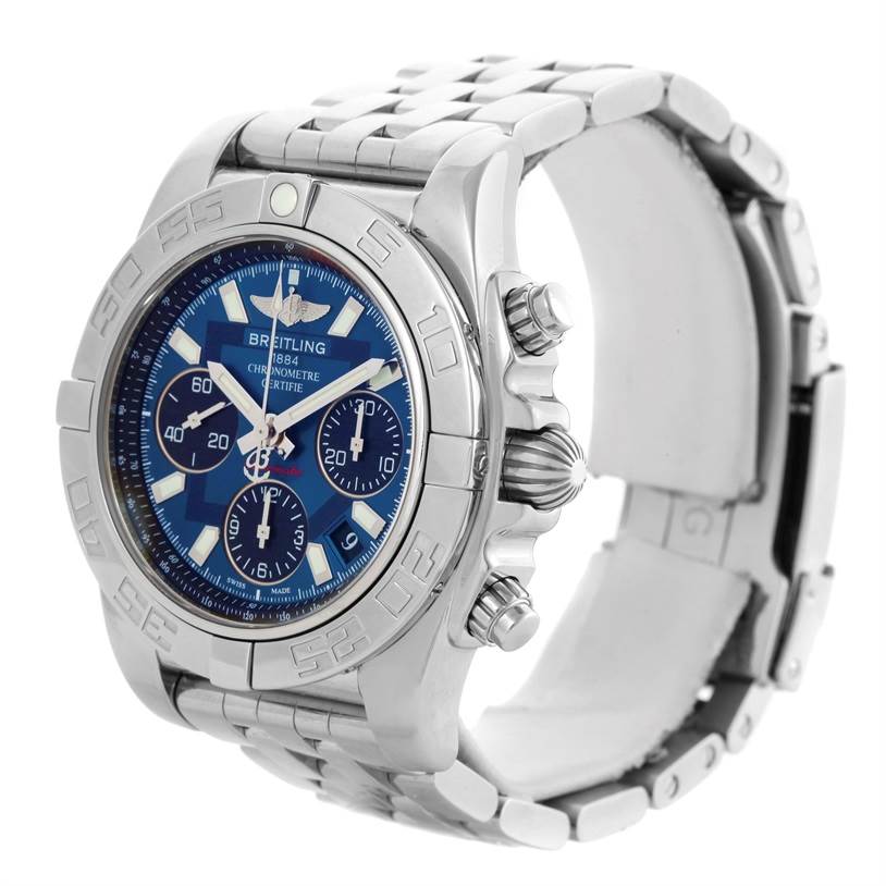 The image shows a side view of the Breitling Chronomat AB0410 Men
s Stainless Steel Blue Dial AB0410 Men
s Stainless Steel Blue Dial watch, highlighting its blue dial, stainless steel case, and bracelet.
