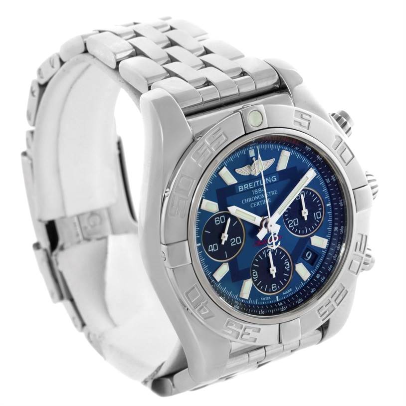 The image shows a Breitling Chronomat AB0410 Men
s Stainless Steel Blue Dial AB0410 Men
s Stainless Steel Blue Dial watch, highlighting its dial, bezel, and stainless steel bracelet at a three-quarter angle.