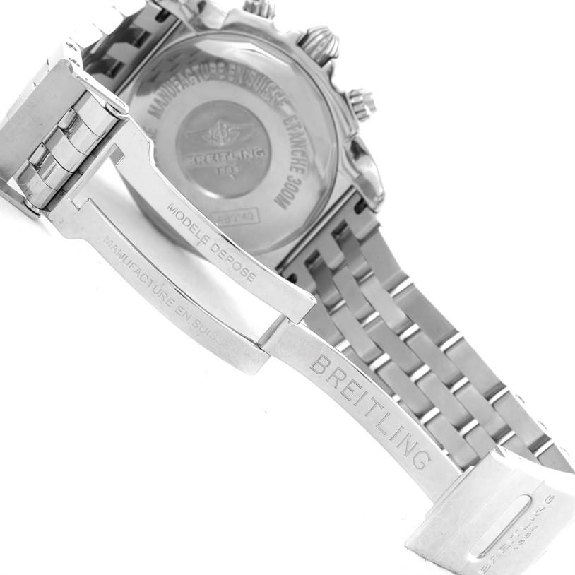 The image shows the back case and clasp of a Breitling Chronomat AB0410 Men
s Stainless Steel Blue Dial AB0410 Men
s Stainless Steel Blue Dial watch, highlighting its stainless steel bracelet.