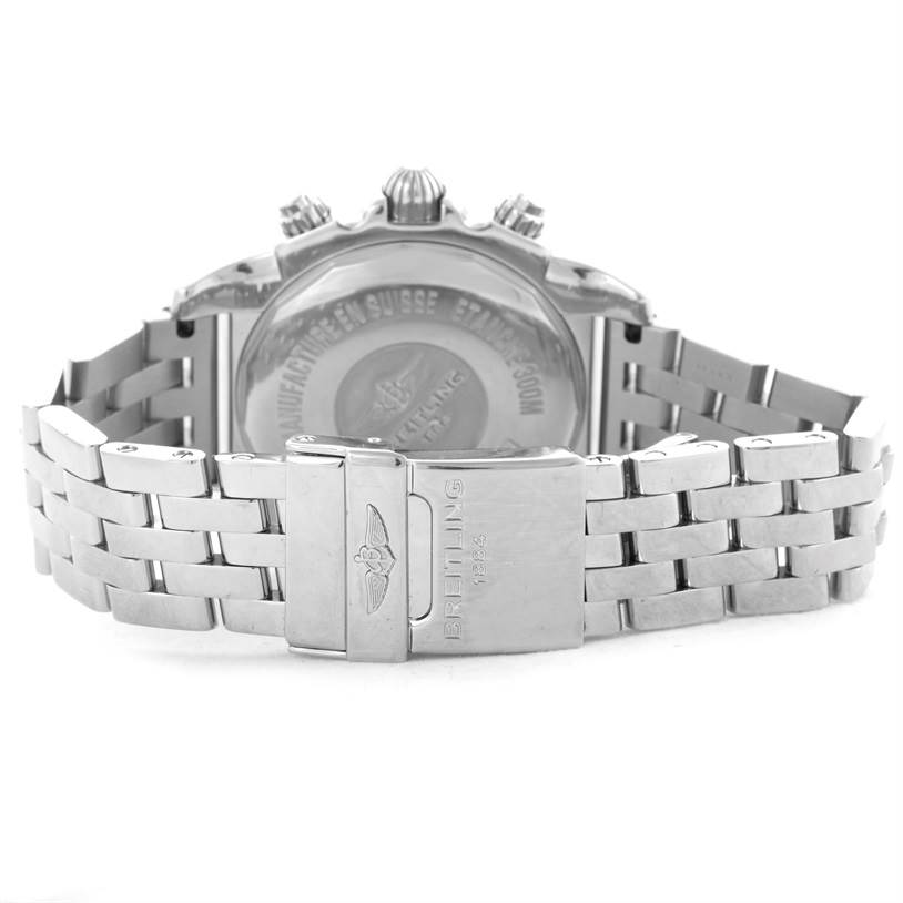 The image shows the back and clasp of a Breitling Chronomat AB0410 Men
s Stainless Steel Blue Dial AB0410 Men
s Stainless Steel Blue Dial watch, highlighting the stainless steel bracelet and case back.