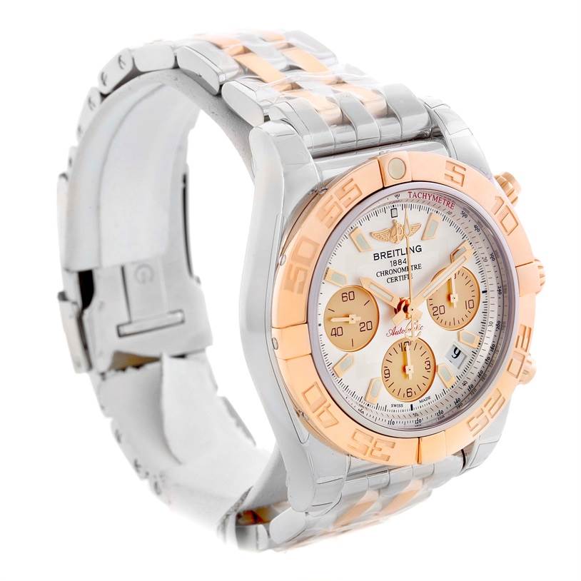 The Breitling Chronomat CB014012-G713-378C Men
s Steel and Gold (two tone) White Dial CB014012-G713-378C Men
s Steel and Gold (two tone) White Dial watch is shown at a 3/4 angle, displaying the face, bezel, chronograph subdials, and part of the bracelet.
